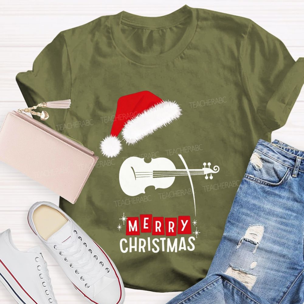 Violin Santa Hat Merry Christmas Music Teacher T-shirt
