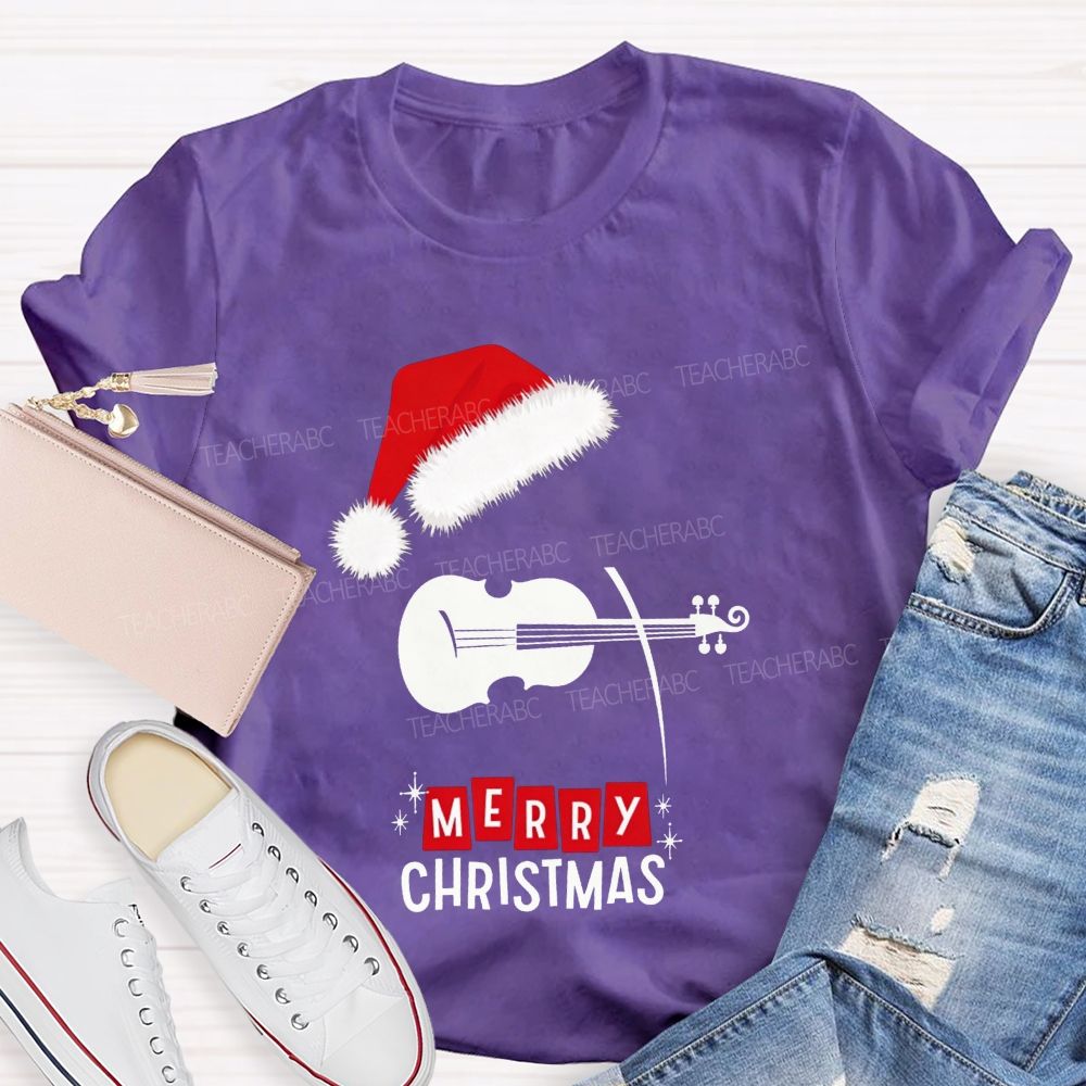 Violin Santa Hat Merry Christmas Music Teacher T-shirt