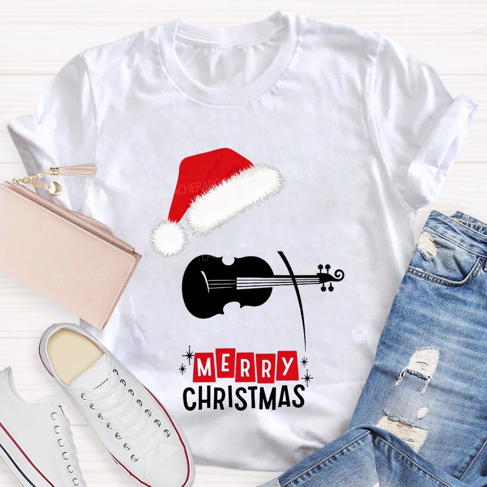 Violin Santa Hat Merry Christmas Music Teacher T-shirt