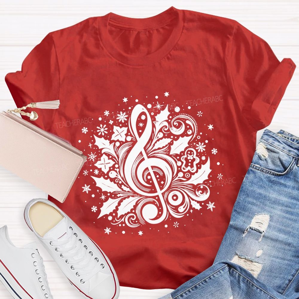 Christmas Treble Clef With Holly Snowflakes Music Teacher T-shirt