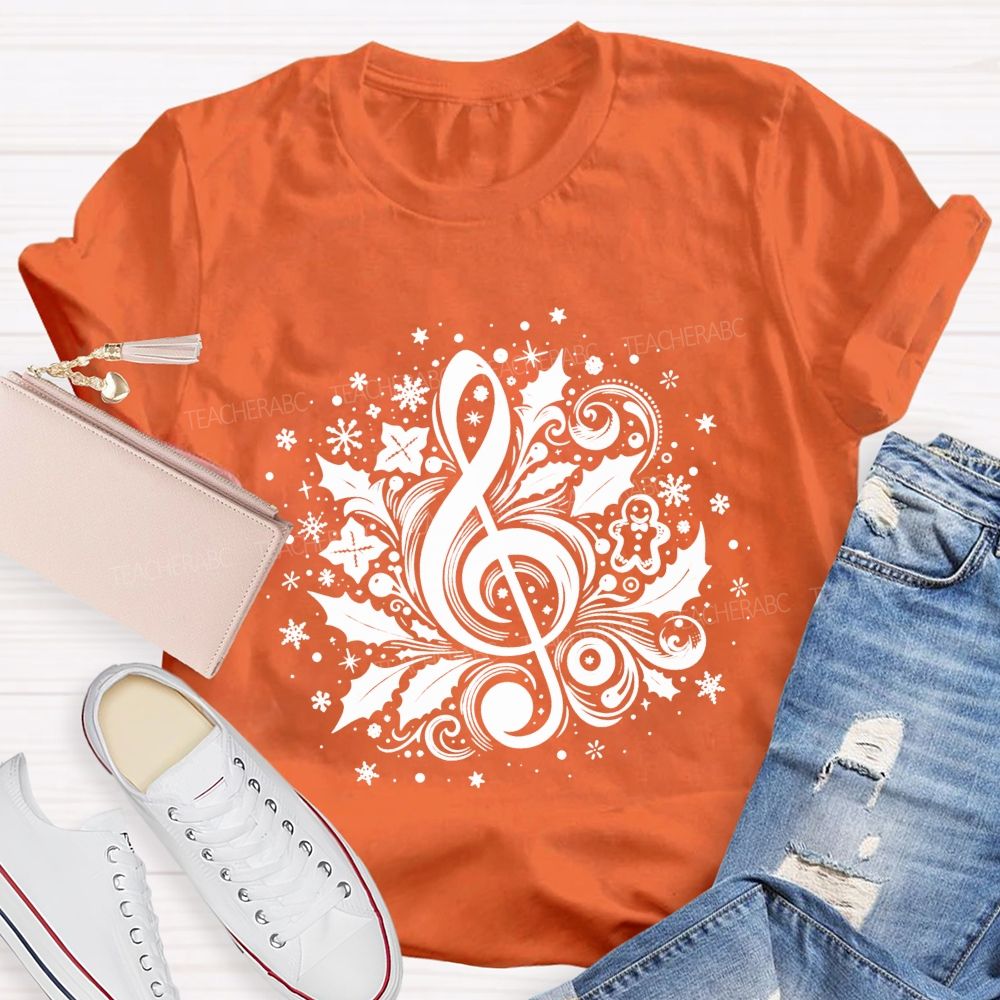 Christmas Treble Clef With Holly Snowflakes Music Teacher T-shirt