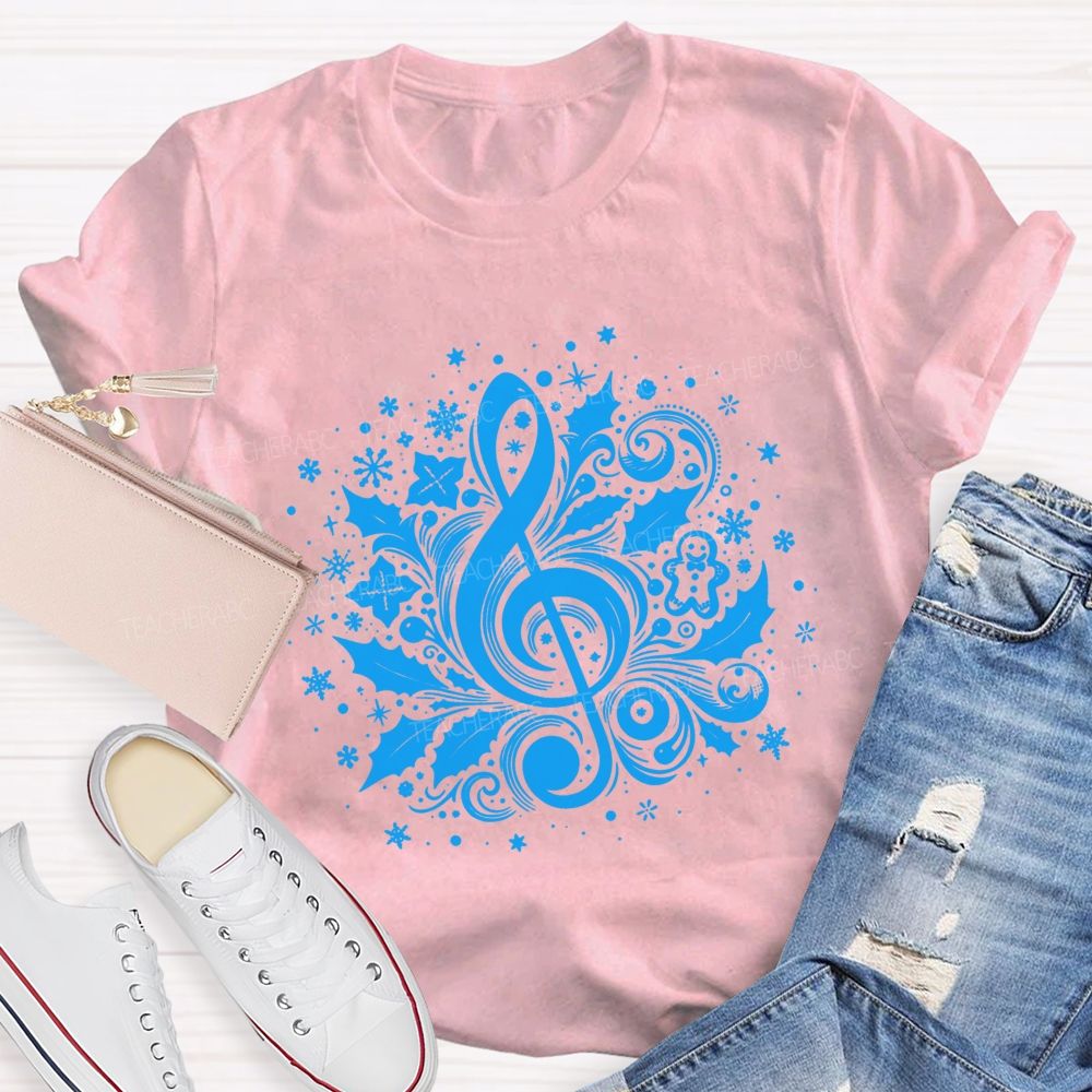 Christmas Treble Clef With Holly Snowflakes Music Teacher T-shirt