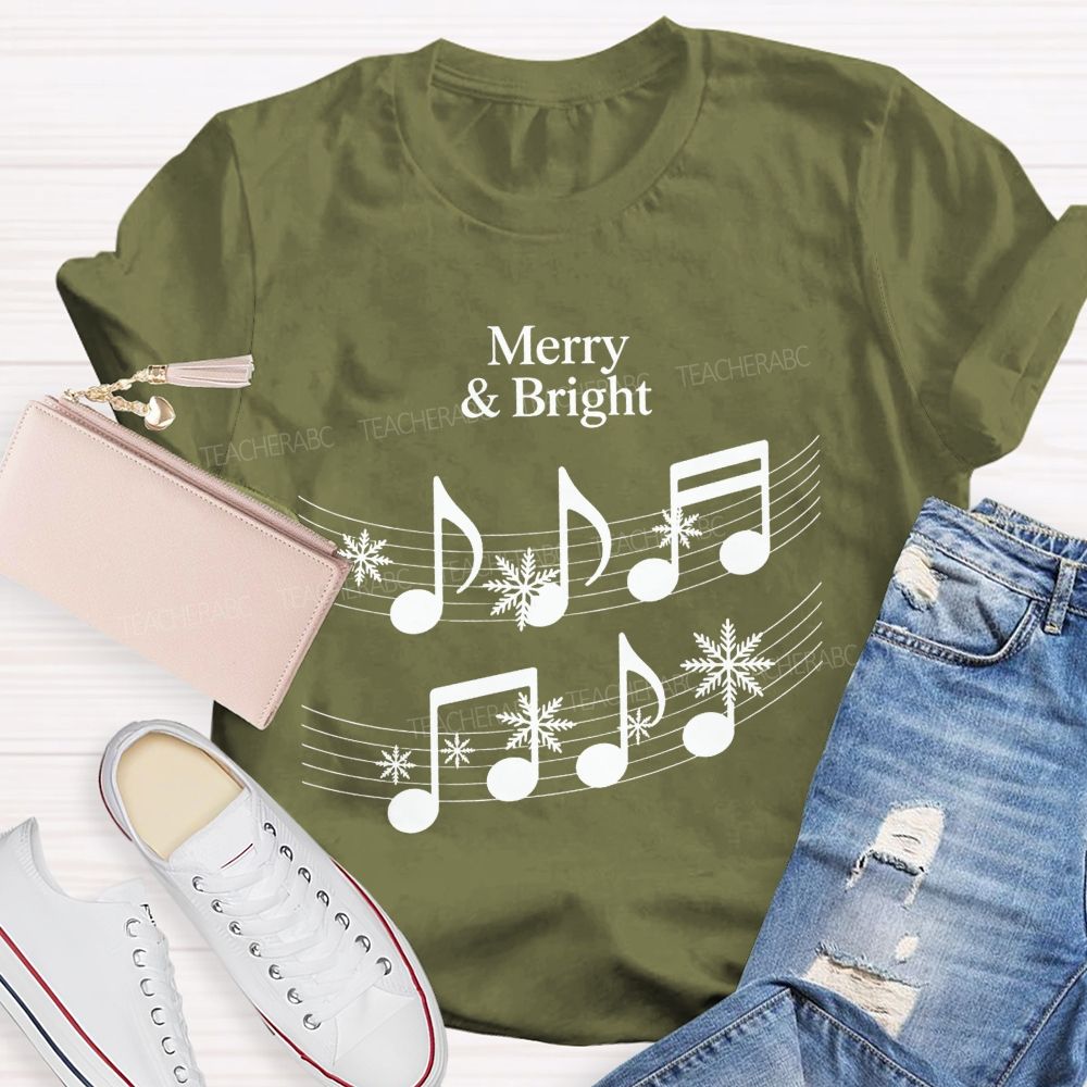 Merry And Bright Music Notes Christmas Teacher T-shirt