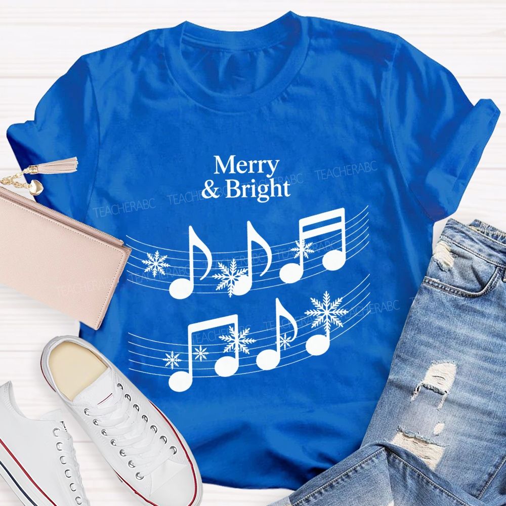 Merry And Bright Music Notes Christmas Teacher T-shirt