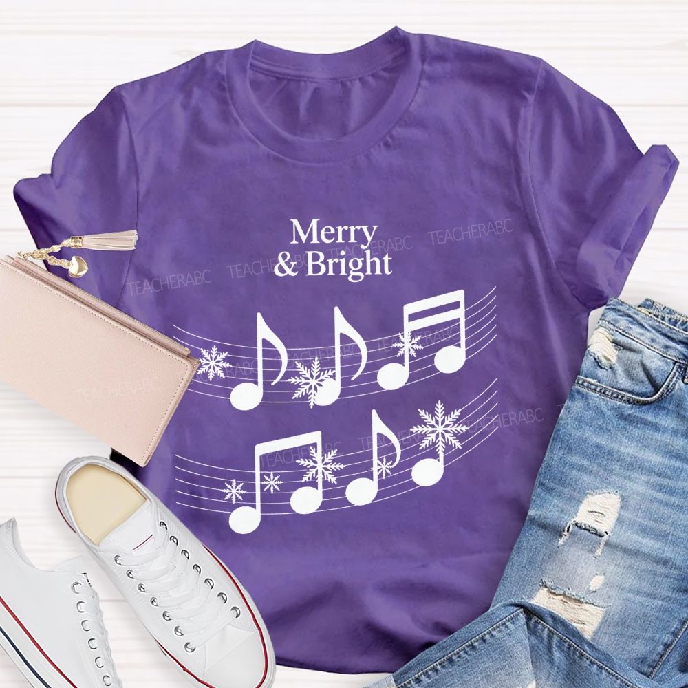 Merry And Bright Music Notes Christmas Teacher T-shirt
