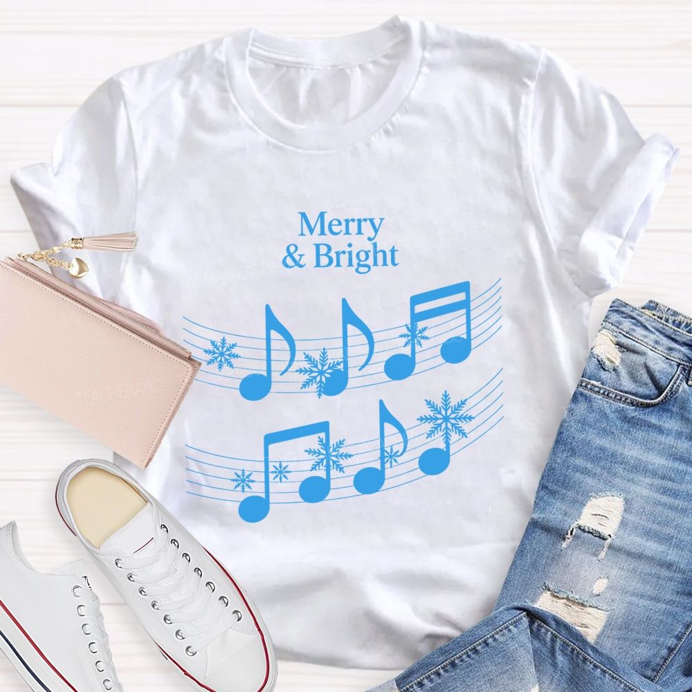 Merry And Bright Music Notes Christmas Teacher T-shirt