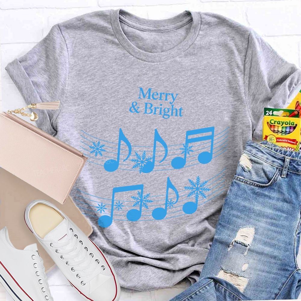 Merry And Bright Music Notes Christmas Teacher T-shirt
