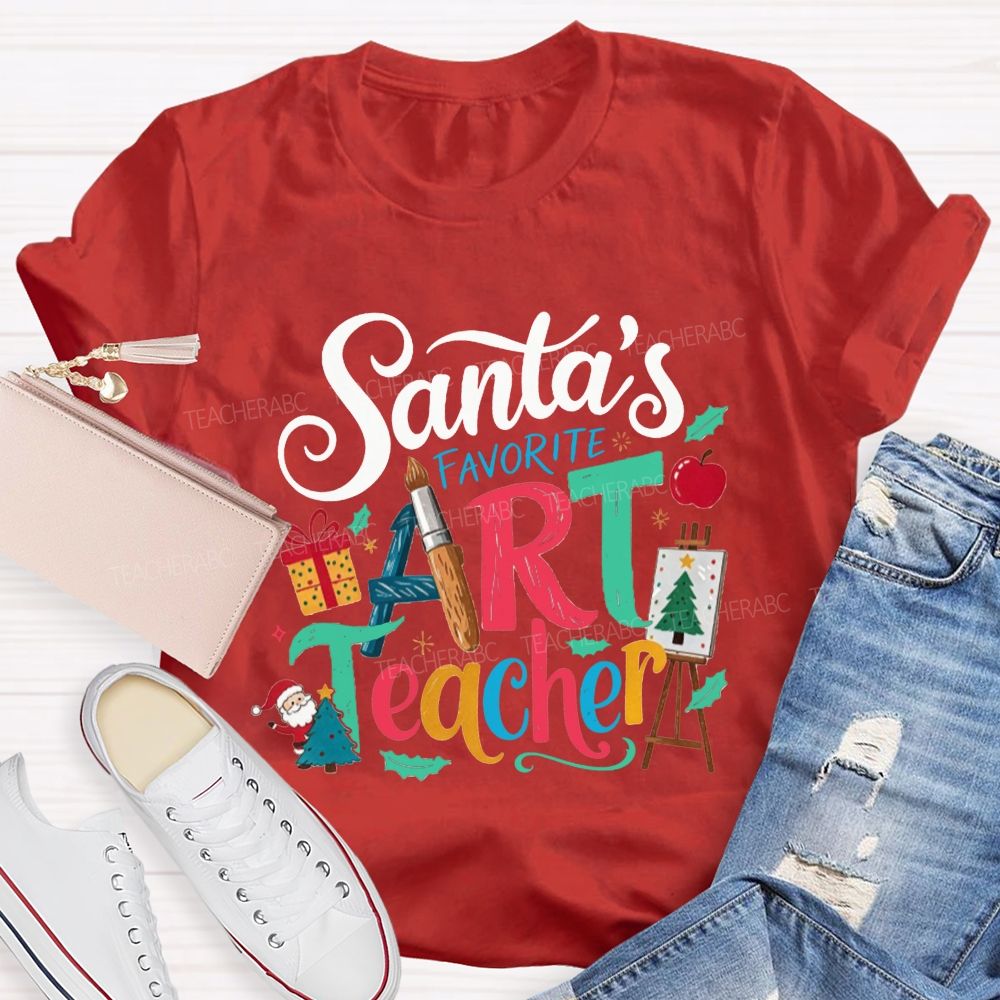 Santa'S Favorite Art Teacher Christmas Art Teacher Paint Brush T-shirt