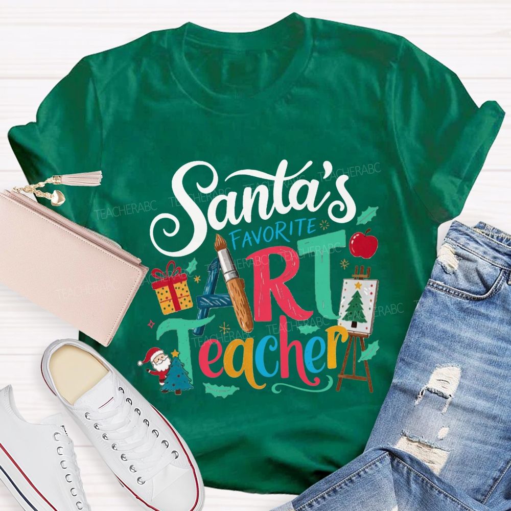 Santa'S Favorite Art Teacher Christmas Art Teacher Paint Brush T-shirt