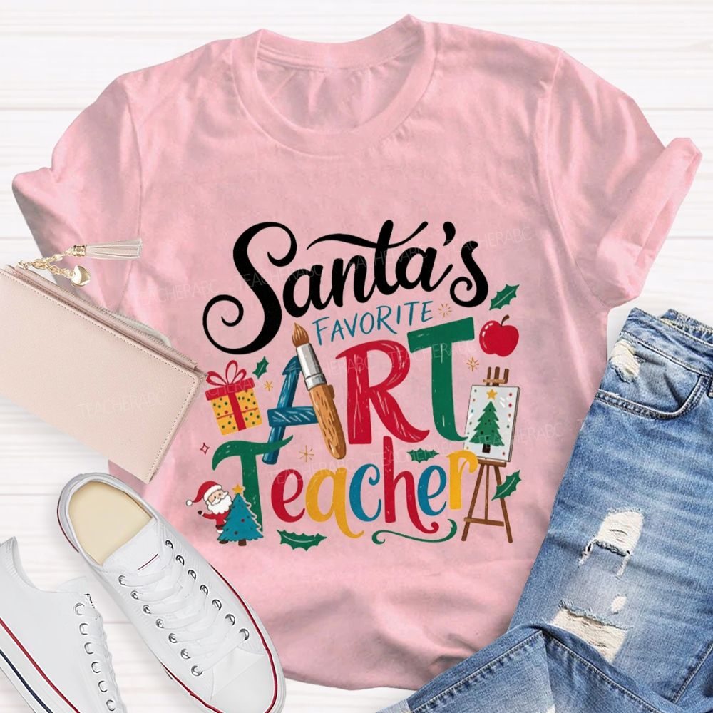 Santa'S Favorite Art Teacher Christmas Art Teacher Paint Brush T-shirt