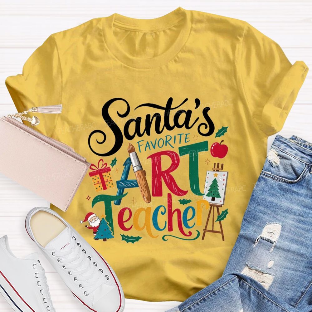 Santa'S Favorite Art Teacher Christmas Art Teacher Paint Brush T-shirt