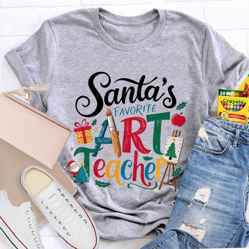 Santa'S Favorite Art Teacher Christmas Art Teacher Paint Brush T-shirt