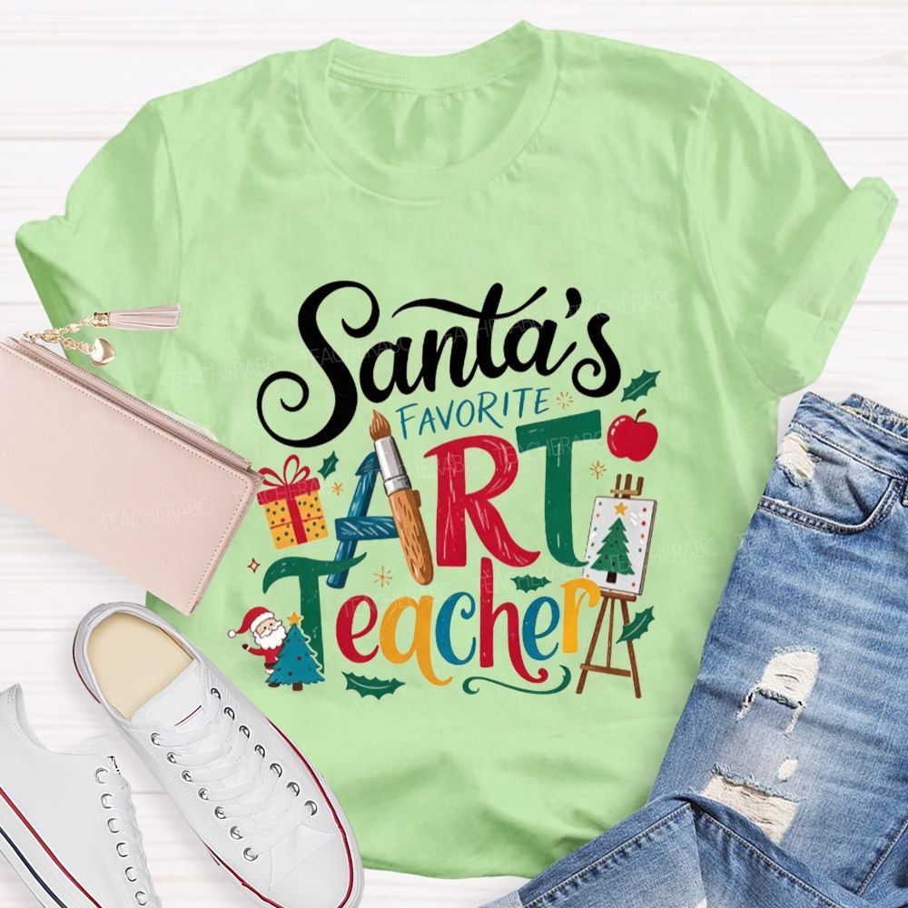 Santa'S Favorite Art Teacher Christmas Art Teacher Paint Brush T-shirt
