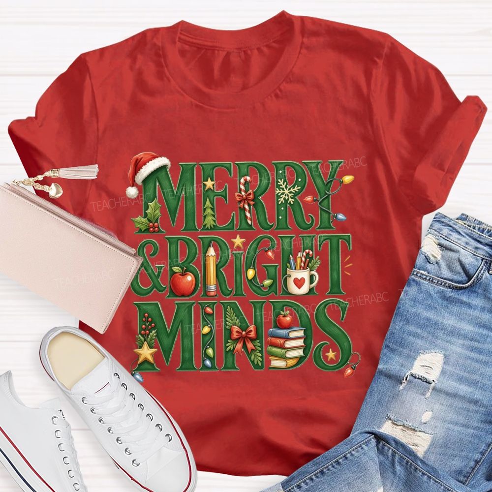 Merry And Bright Minds Teacher Christmas School Apple Book Pencil Holiday Teacher T-shirt