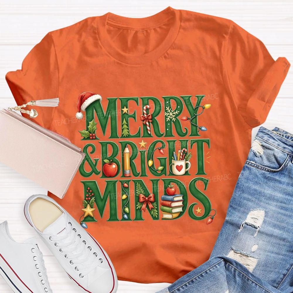 Merry And Bright Minds Teacher Christmas School Apple Book Pencil Holiday Teacher T-shirt