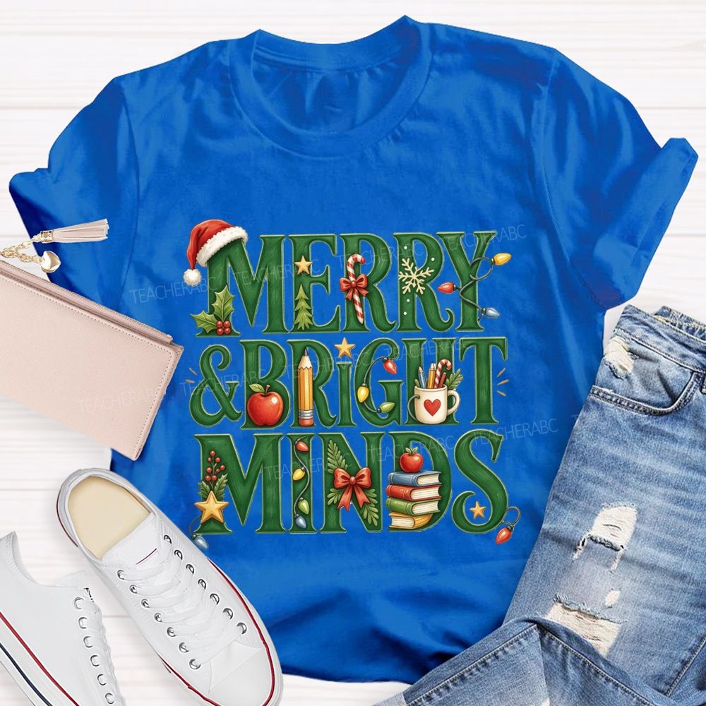 Merry And Bright Minds Teacher Christmas School Apple Book Pencil Holiday Teacher T-shirt