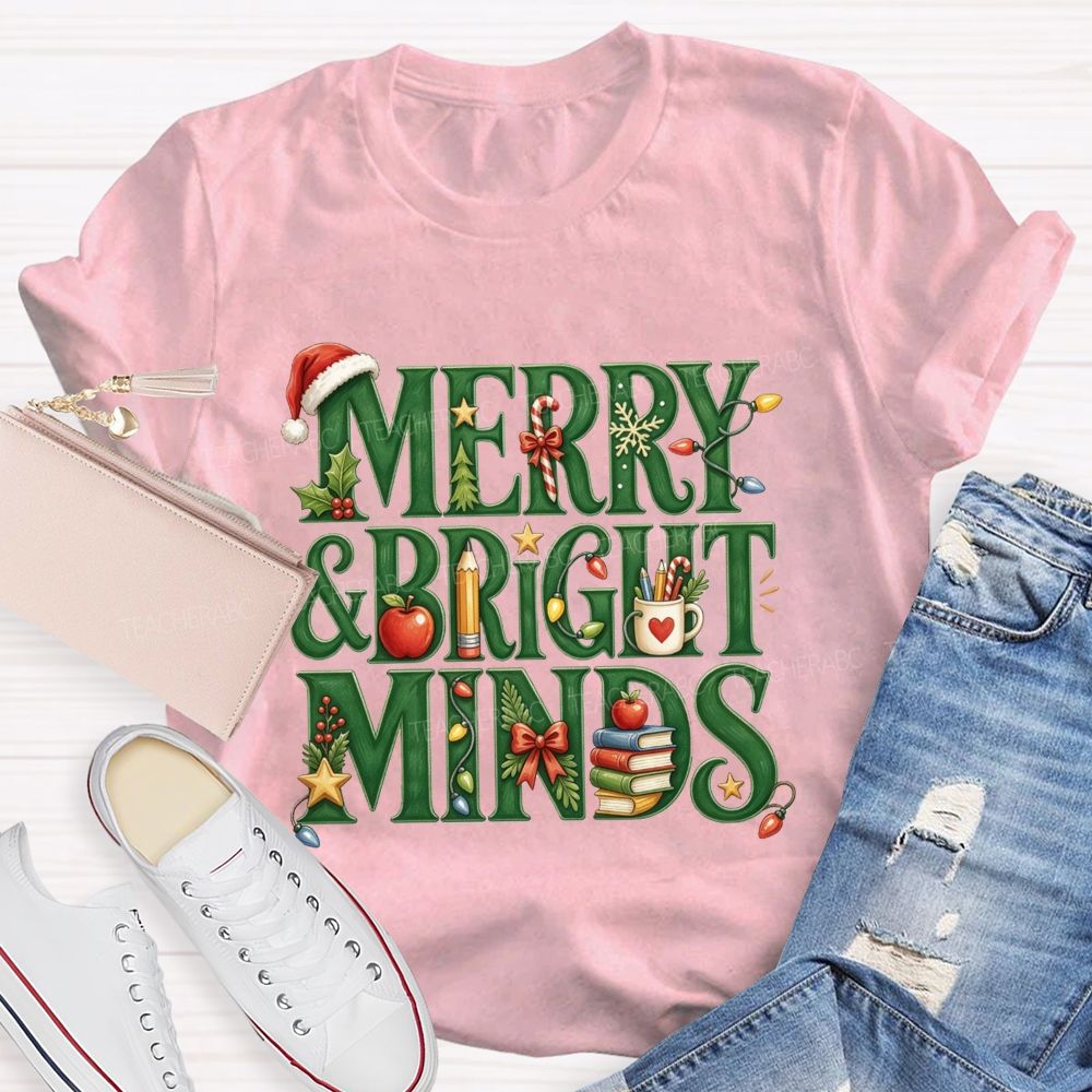 Merry And Bright Minds Teacher Christmas School Apple Book Pencil Holiday Teacher T-shirt