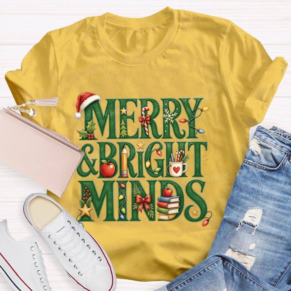 Merry And Bright Minds Teacher Christmas School Apple Book Pencil Holiday Teacher T-shirt