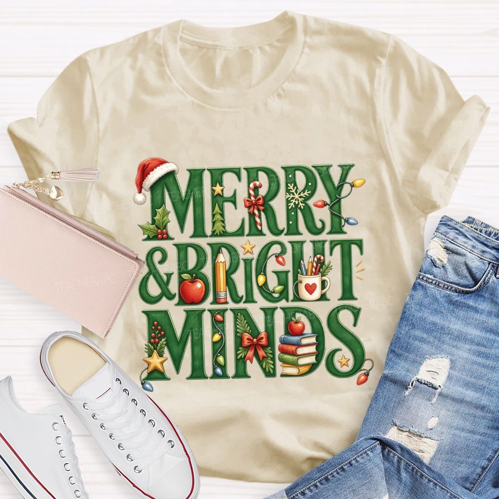 Merry And Bright Minds Teacher Christmas School Apple Book Pencil Holiday Teacher T-shirt