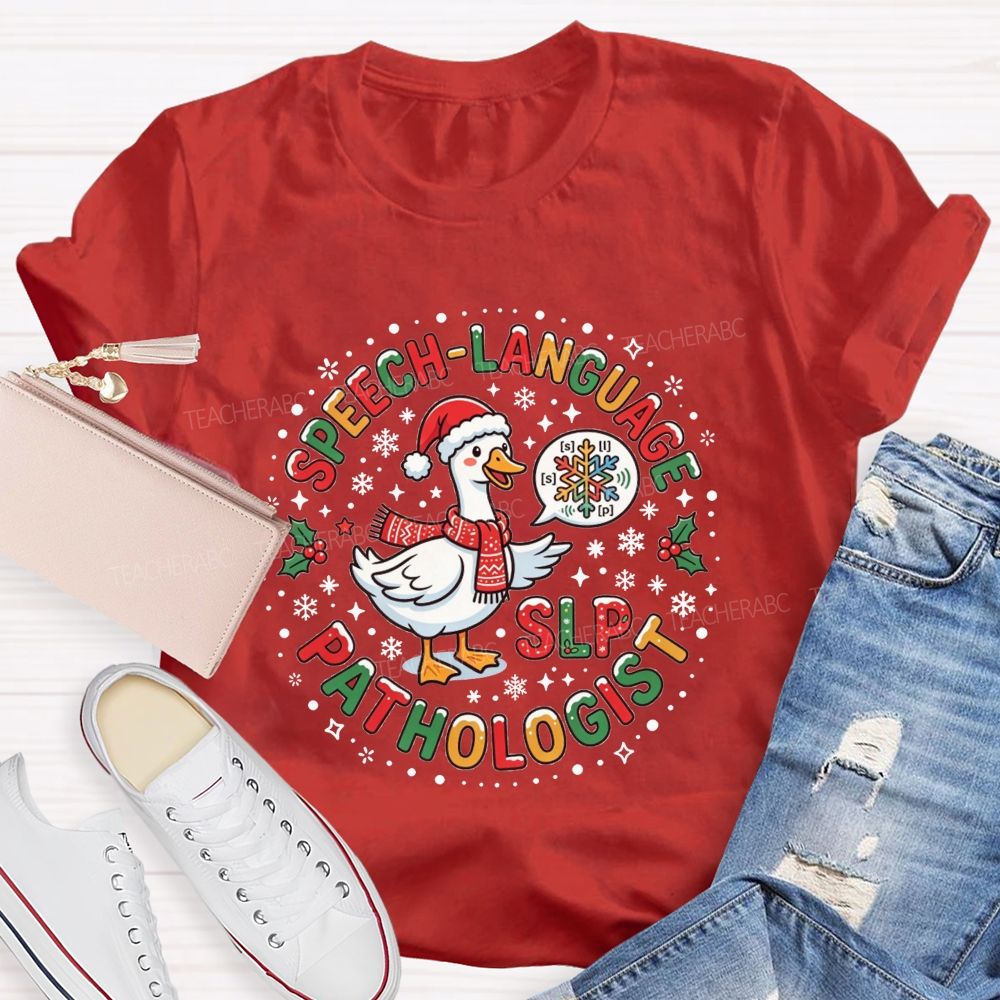 Speech Language Pathologist Christmas Duck Santa Duck Speech Sounds Holiday Teacher T-shirt