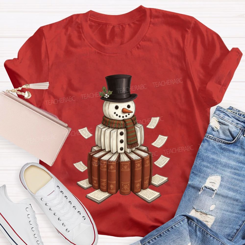 Bookish Snowman For Book Lovers Christmas Teacher T-shirt