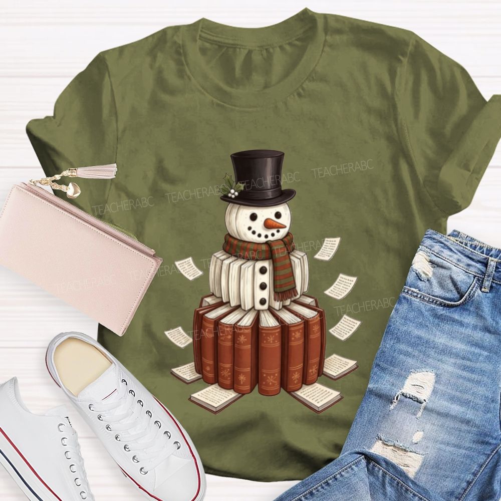 Bookish Snowman For Book Lovers Christmas Teacher T-shirt