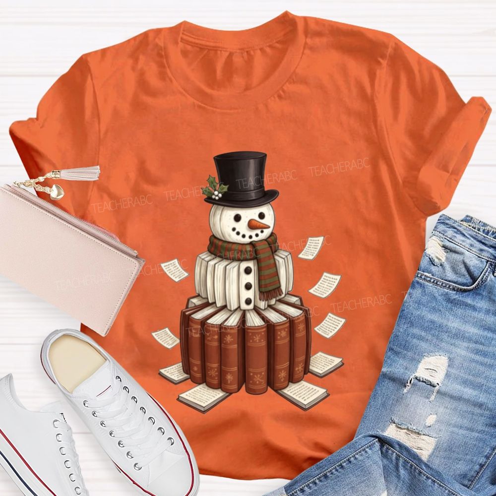 Bookish Snowman For Book Lovers Christmas Teacher T-shirt