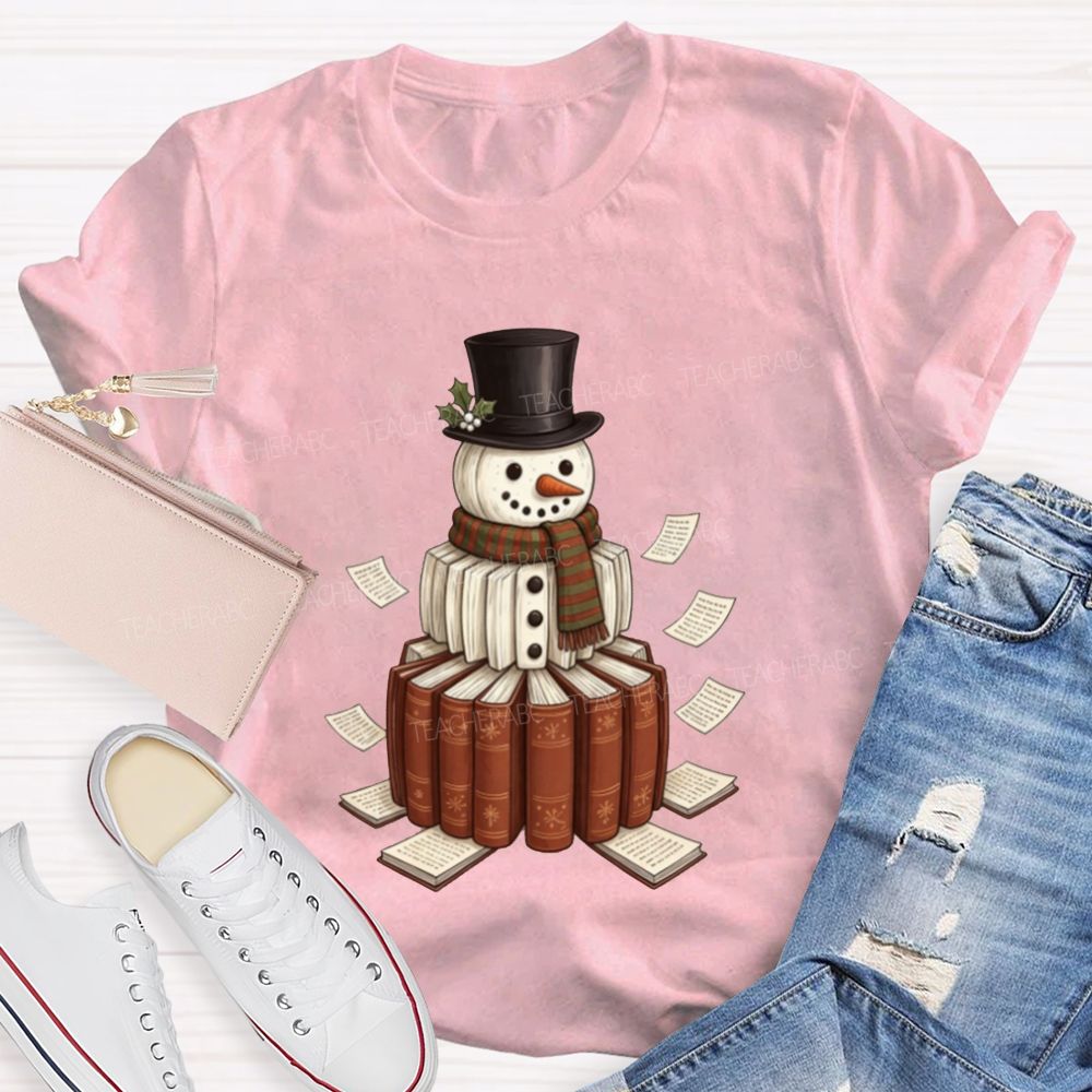 Bookish Snowman For Book Lovers Christmas Teacher T-shirt