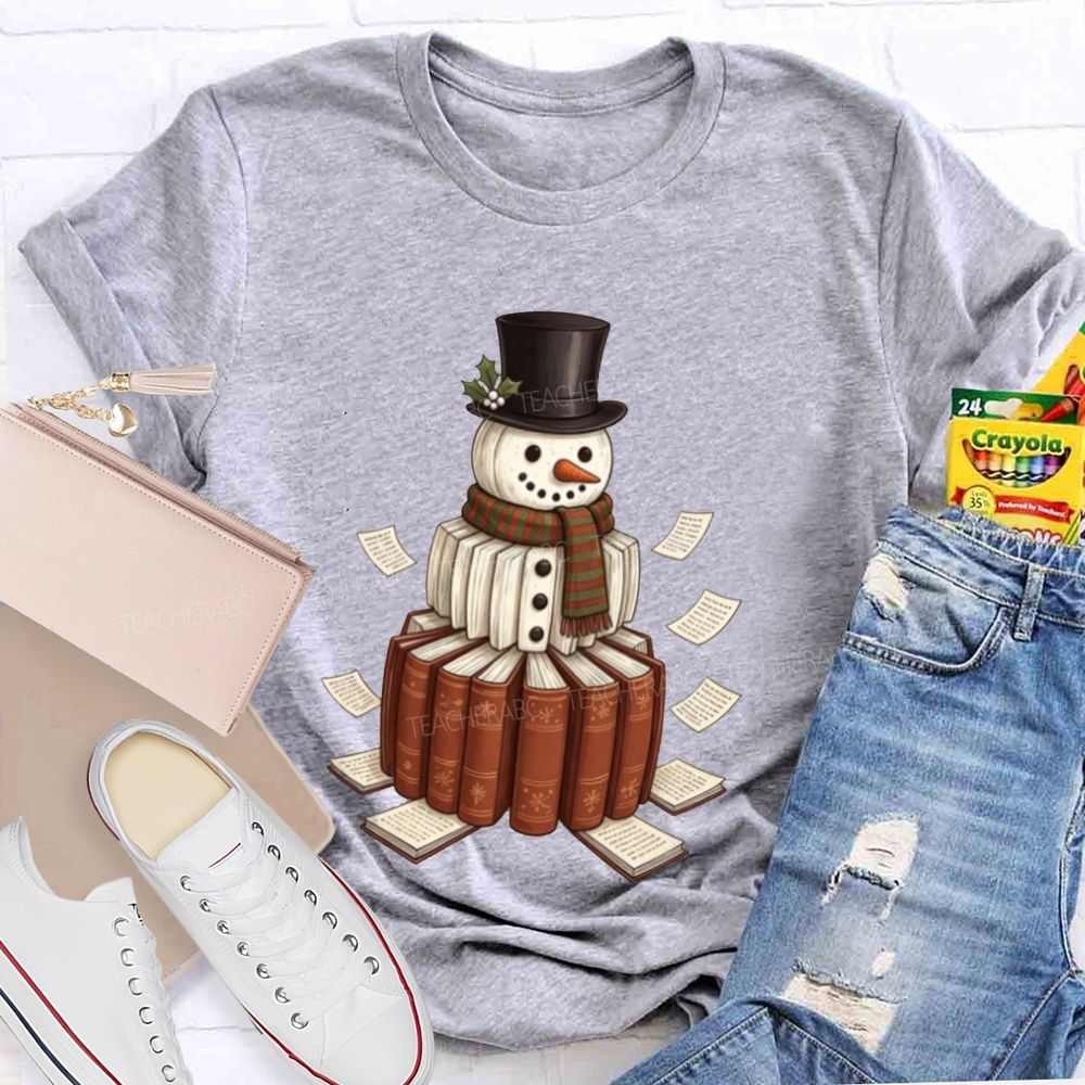 Bookish Snowman For Book Lovers Christmas Teacher T-shirt