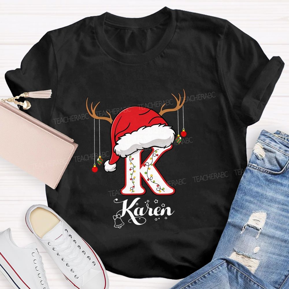 Personalized Name Christmas Hat String Lights Decoration Teacher T-shirt
