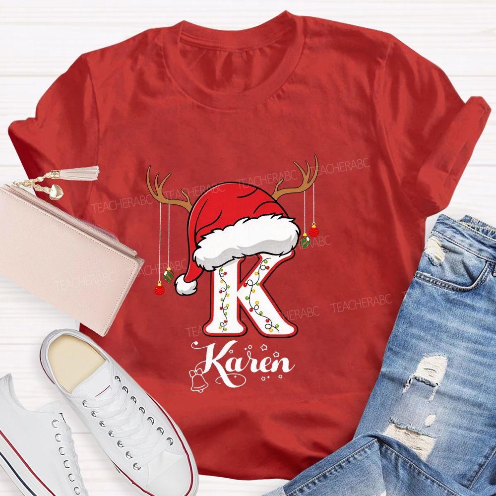 Personalized Name Christmas Hat String Lights Decoration Teacher T-shirt