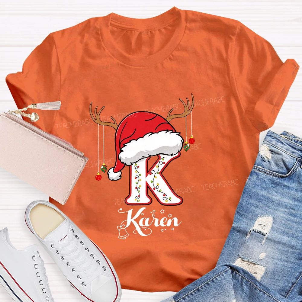 Personalized Name Christmas Hat String Lights Decoration Teacher T-shirt
