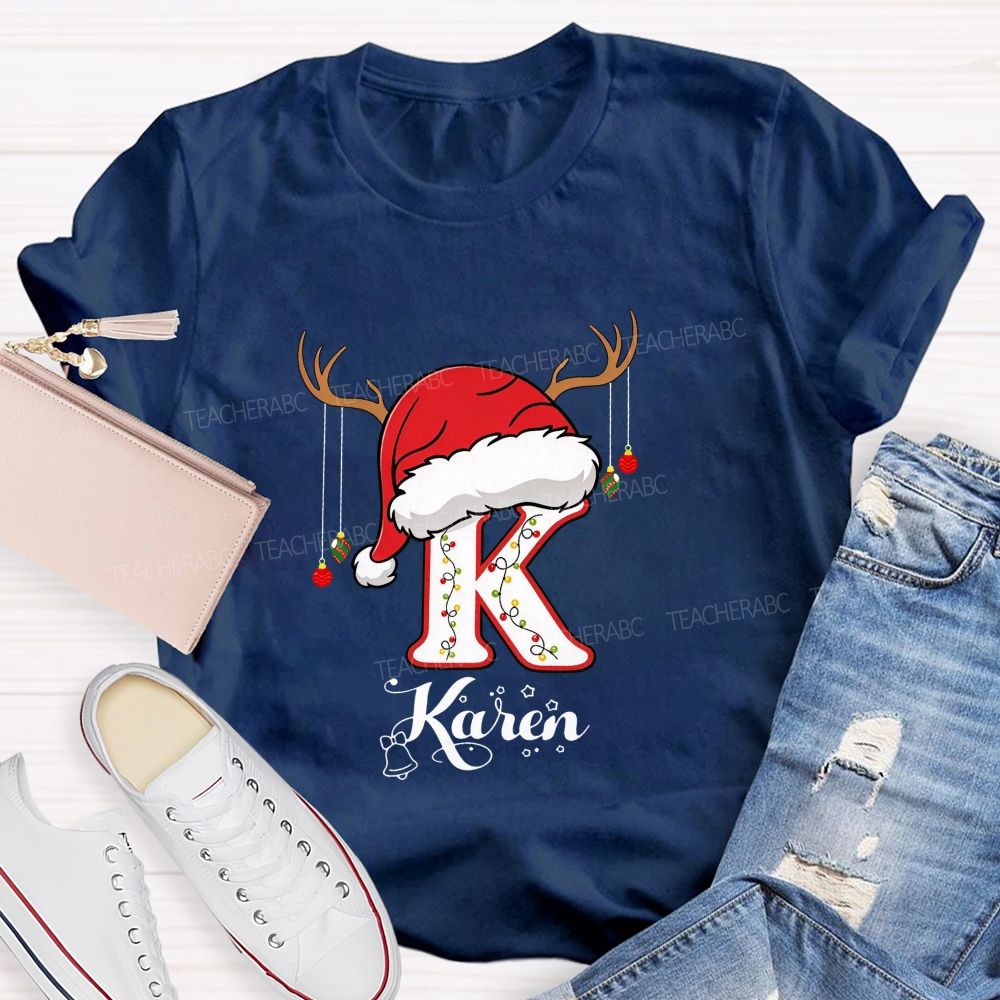 Personalized Name Christmas Hat String Lights Decoration Teacher T-shirt