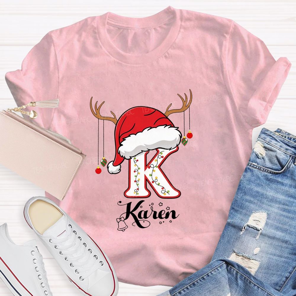 Personalized Name Christmas Hat String Lights Decoration Teacher T-shirt
