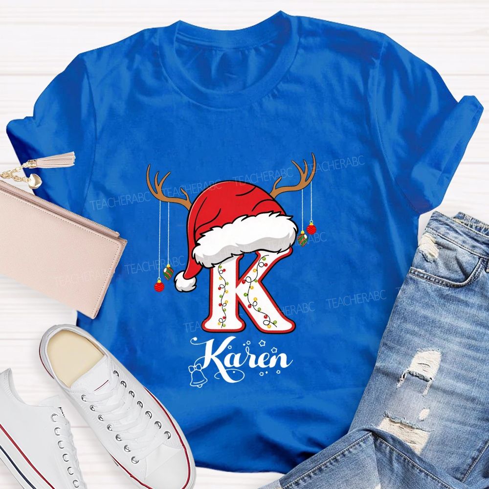 Personalized Name Christmas Hat String Lights Decoration Teacher T-shirt