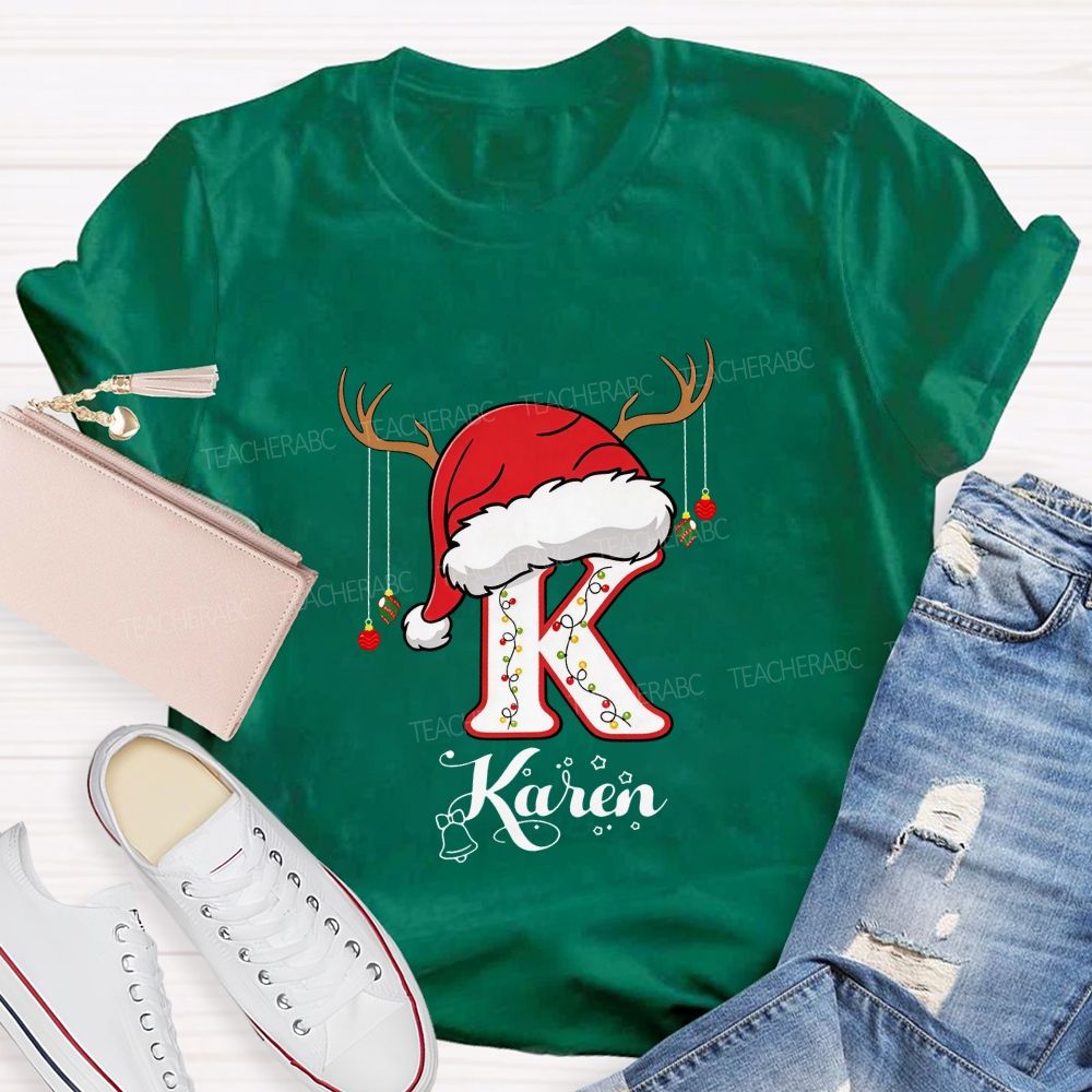 Personalized Name Christmas Hat String Lights Decoration Teacher T-shirt