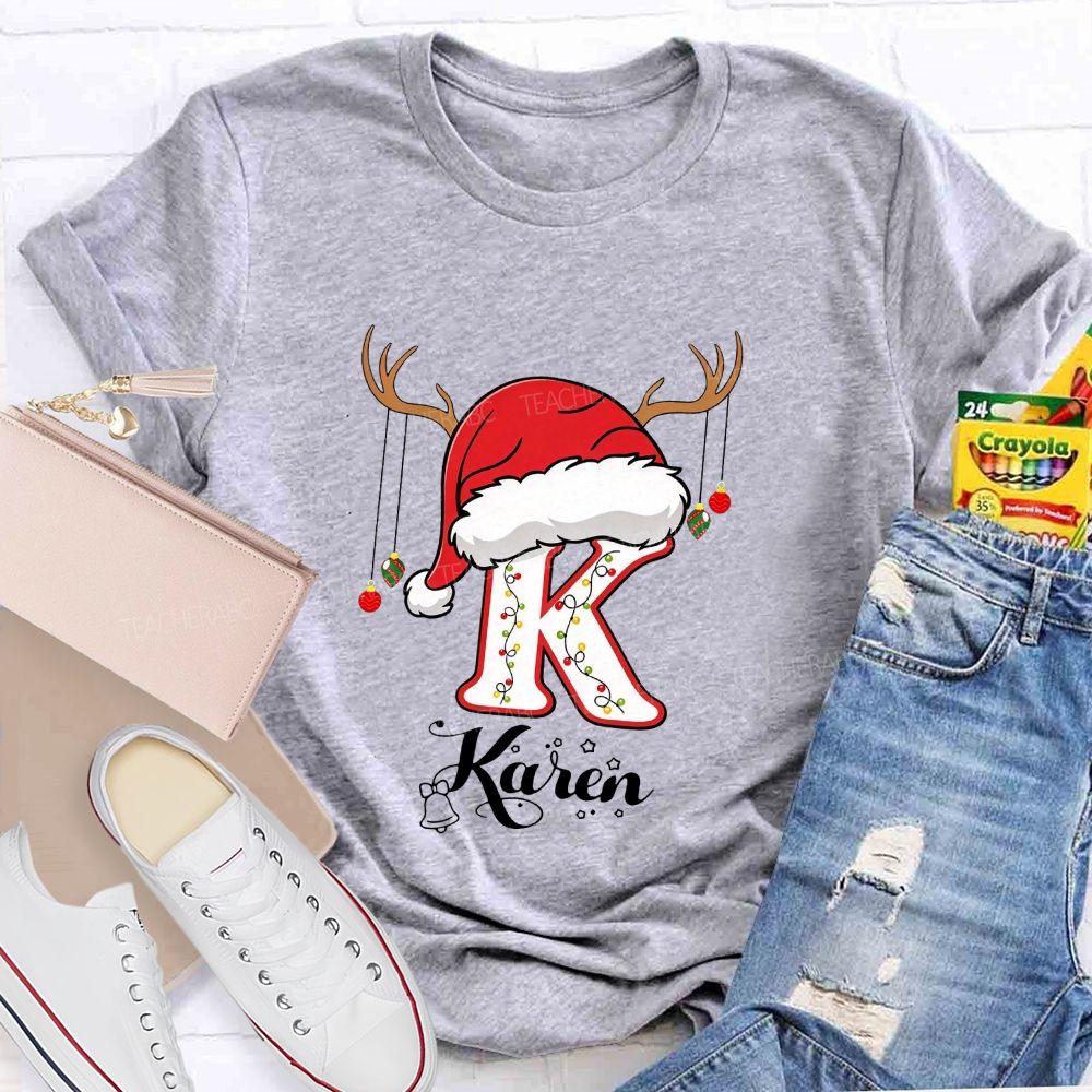 Personalized Name Christmas Hat String Lights Decoration Teacher T-shirt