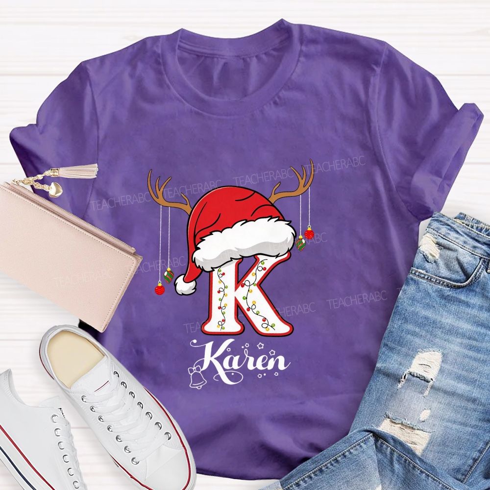 Personalized Name Christmas Hat String Lights Decoration Teacher T-shirt