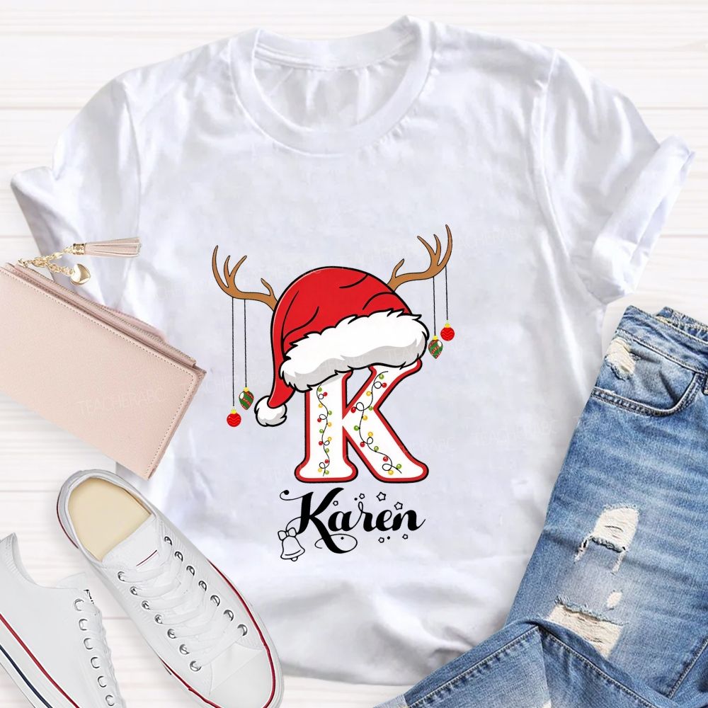Personalized Name Christmas Hat String Lights Decoration Teacher T-shirt