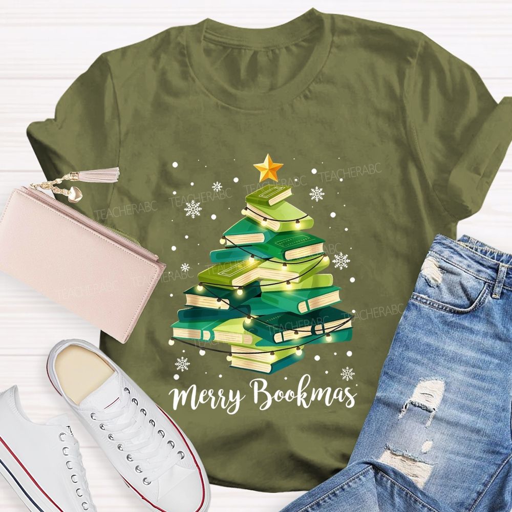 Merry Bookmas Book Christmas Tree Teacher T-shirt