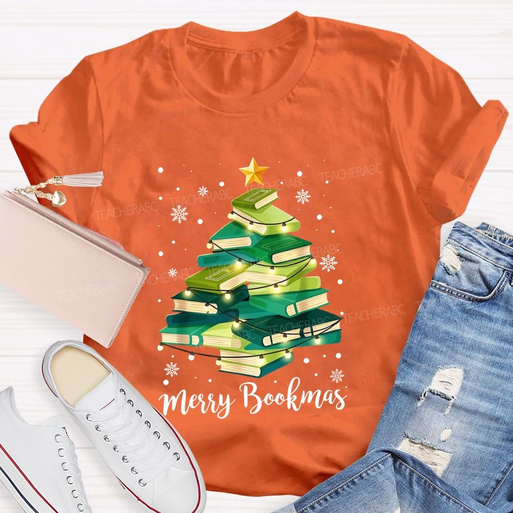 Merry Bookmas Book Christmas Tree Teacher T-shirt