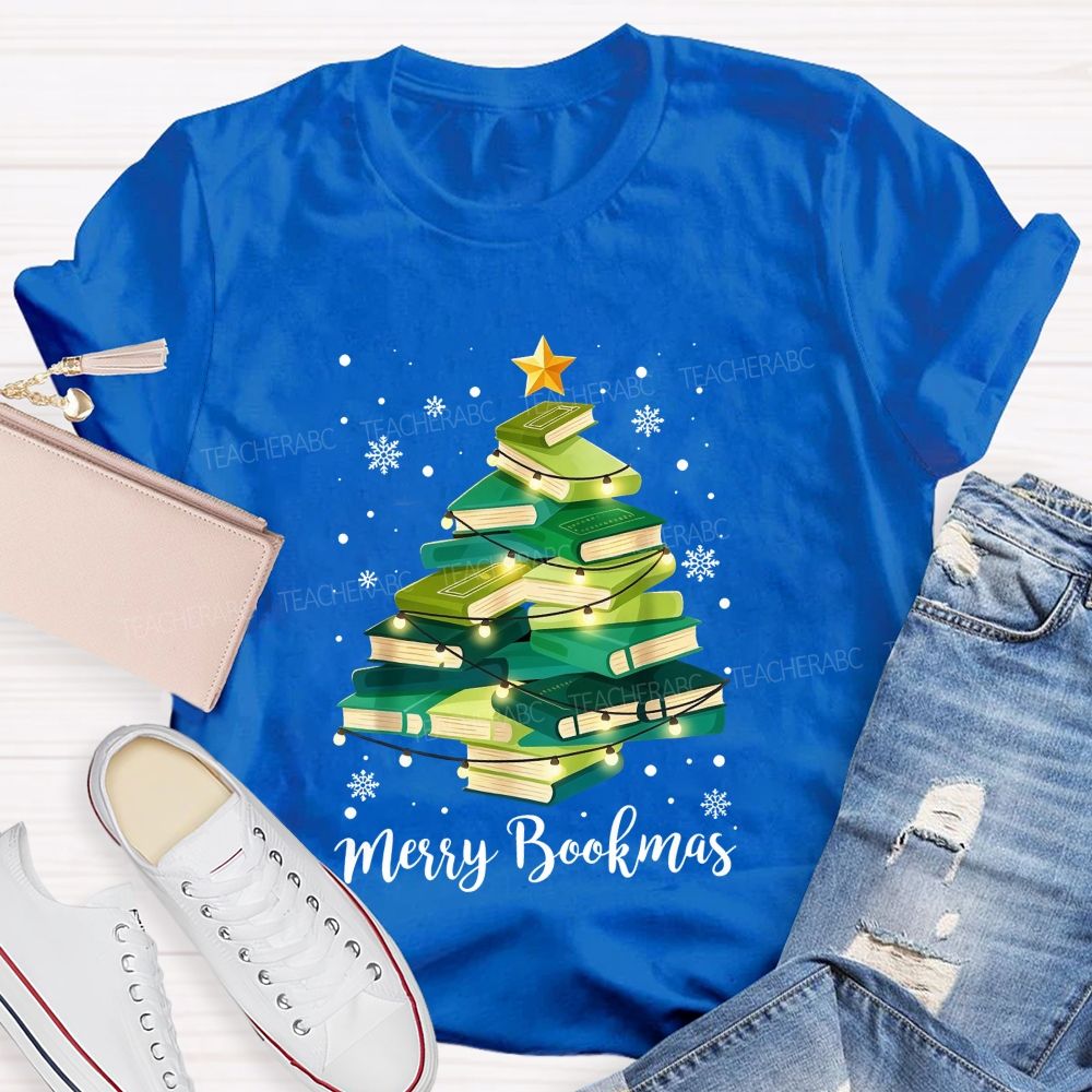 Merry Bookmas Book Christmas Tree Teacher T-shirt