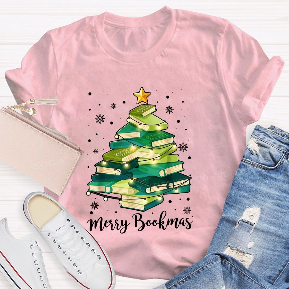 Merry Bookmas Book Christmas Tree Teacher T-shirt