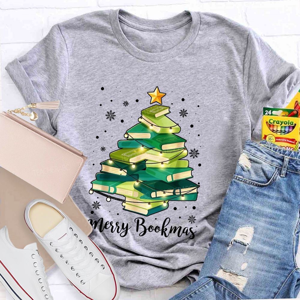 Merry Bookmas Book Christmas Tree Teacher T-shirt