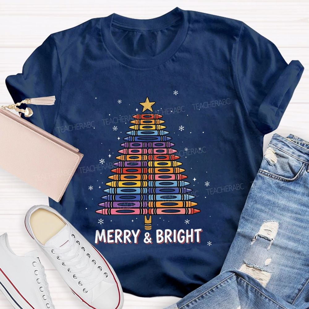 Merry And Bright Crayons Christmas Tree Teacher T-shirt