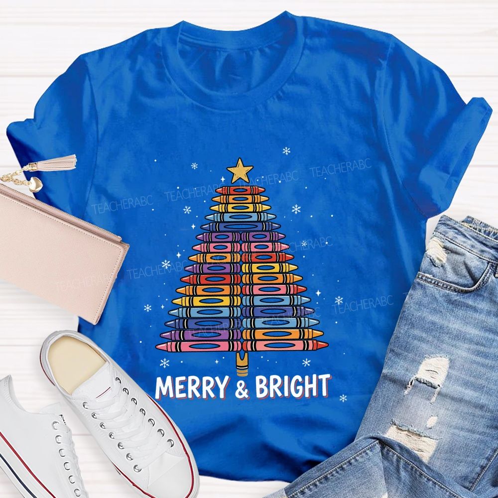 Merry And Bright Crayons Christmas Tree Teacher T-shirt