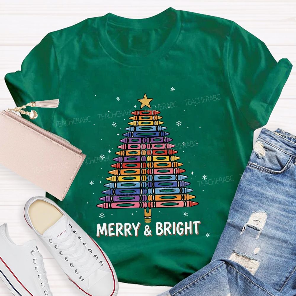 Merry And Bright Crayons Christmas Tree Teacher T-shirt