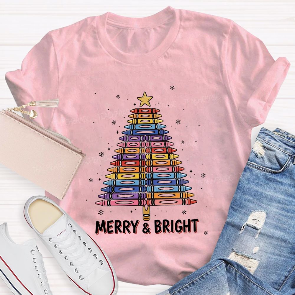 Merry And Bright Crayons Christmas Tree Teacher T-shirt