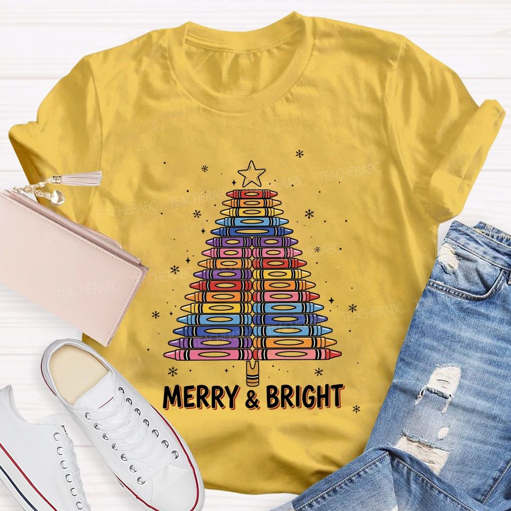 Merry And Bright Crayons Christmas Tree Teacher T-shirt