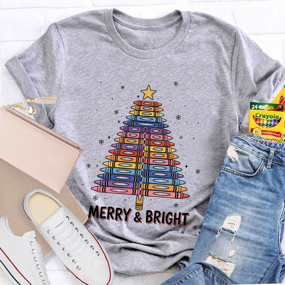 Merry And Bright Crayons Christmas Tree Teacher T-shirt